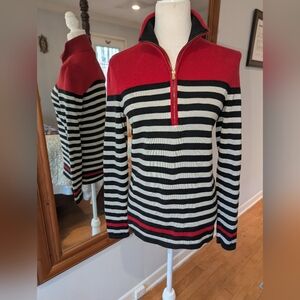 💯 Cotton Ralph Lauren Red, Black & White Striped Half-Zip Sweater
